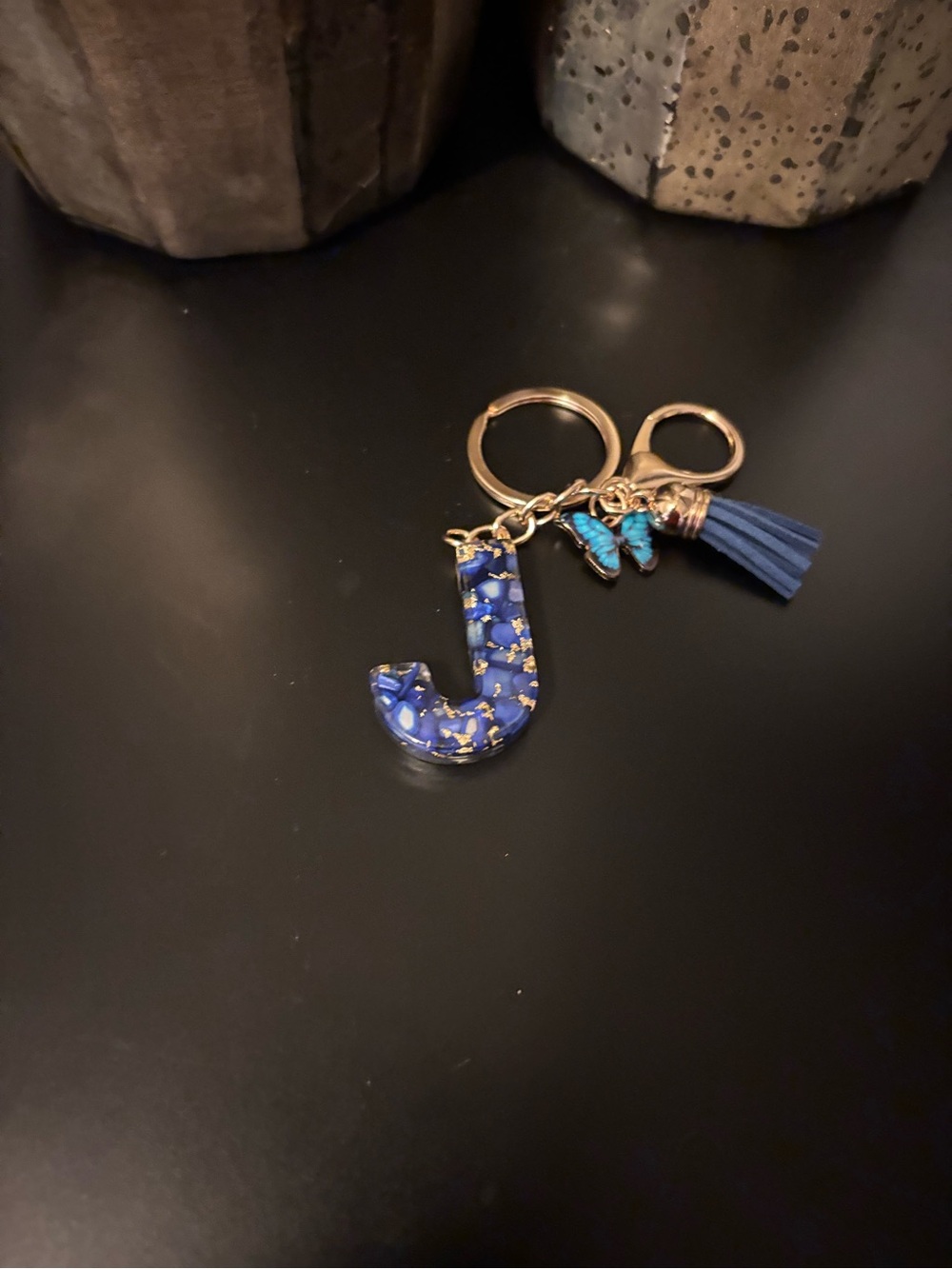 Handmade Blue & Gold Resin Initial "J” Keychain with Tassel & Butterfly Charm 🦋